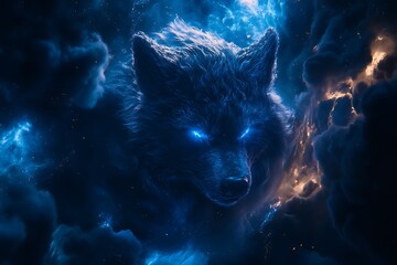 Wall Mural - a mystical wolf's head emerges from vibrant cosmic clouds, radiating an ethereal glow.