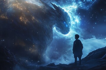 Wall Mural - a boy stands before a colossal, ethereal dragon in a cosmic landscape.