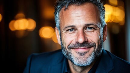 Close-up portrait of a smiling man with a beard, dressed in a suit, set against a softly blurred background with warm lighting.