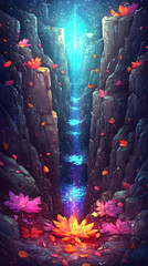 Wall Mural - A glowing light shines through a canyon, illuminating the autumn leaves below.