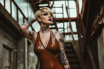 Wall Mural - A model with short blonde hair and tattoos wearing an A-line latex dress in brown, posing in industrial scene, fashion photography