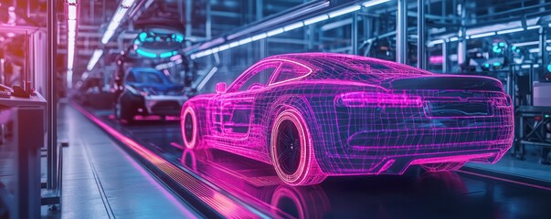 Wall Mural - Neon outlines in a VR car factory display emphasize the wireframe of high-tech machinery.