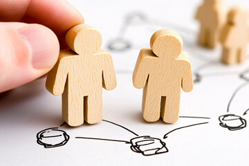 hand connecting wooden figures on network diagram, symbolizing teamwork and human resources in organ