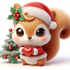 3d Cute fluffy christmas Squirrel doing mini heart pose, full body, white background