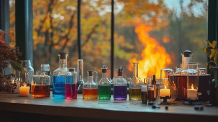 Poster - A laboratory with colorful glassware sits near a scene of forest fire and garden candles, showing the interplay of science and nature