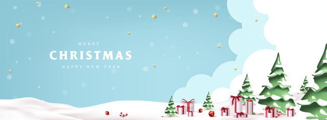 Wall Mural - merry christmas greeting card banner with winter christmas landscape snow falling