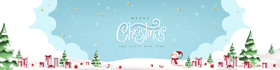 Wall Mural - merry christmas and happy new year greeting card with cute snowman standing in winter christmas land