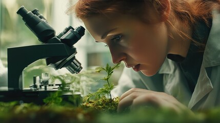 Poster - Botanist using a microscope to investigate plant structures, emphasizing research in environmental science