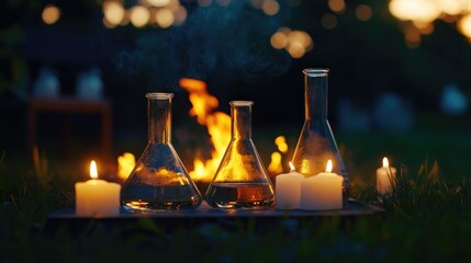 Aufkleber - Bright lab equipment and beakers set against a background of a garden fire with candles, representing science and balance