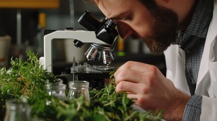 Poster - Close view of a scientist analyzing plant material under a microscope, highlighting the importance of botany