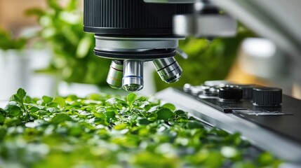 Close-up of a researcher examining plant tissue under a microscope, capturing precision and focus in botany studies