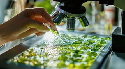 Close-up of a researcher examining plant tissue under a microscope, capturing precision and focus in botany studies