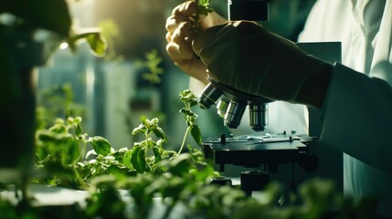 Poster - Close-up of a researcher examining plant tissue under a microscope, capturing precision and focus in botany studies