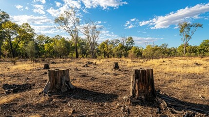 Poster - Deforested area with tree stumps and dry soil; conveying the urgency of stopping habitat destruction to save endangered species.