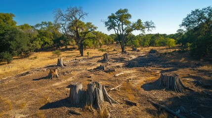 Poster - Deforested area with tree stumps and dry soil; conveying the urgency of stopping habitat destruction to save endangered species.