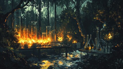 Poster - Forest ablaze alongside a lab with glass beakers and equipment, showcasing the connection between science and ecology
