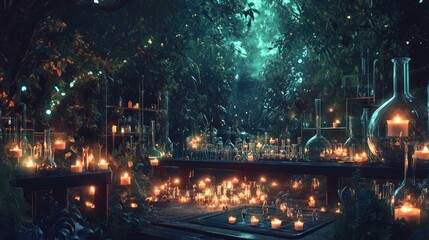 Poster - Garden with candles glowing amid forest fire, balanced by a lab filled with scientific glassware, capturing nature and research