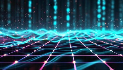 Poster - Bright blue disco wave design with glowing patterns and a dynamic texture, perfect for a futuristic digital wallpaper