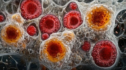 Poster - Red blood cells floating in plasma, with cellular structures scattered among them, under high-definition microscopy