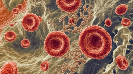 Poster - Red blood cells floating in plasma, with cellular structures scattered among them, under high-definition microscopy