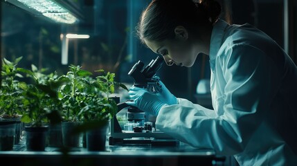Poster - Scientist in a lab studying a plant under a microscope, representing advancements in botanical and ecological research