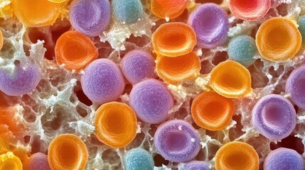 Poster - Under microscope: individual red blood cells interspersed with tiny cellular structures, detailed and brightly colored