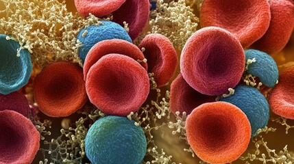 Poster - Under microscope: individual red blood cells interspersed with tiny cellular structures, detailed and brightly colored