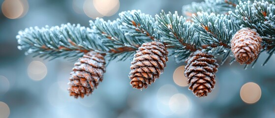 Poster - Close-up of Frosted Pine Branch with Cones