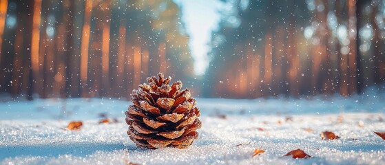 Poster - A Single Pine Cone Resting in a Snowy Forest Clearing