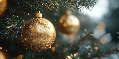 Wall Mural - A Glittering Golden Christmas Ornament Hanging on a Christmas Tree