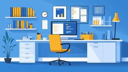 Poster - Remote worker set up in a dedicated office corner with multiple screens and organized notes with empty space for text