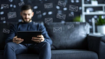 Aufkleber - Individual checking emails on a tablet while sitting on a comfortable sofa with an organized workspace in the background with empty space for text