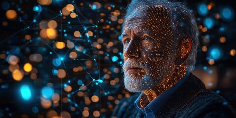 Aufkleber - A Portrait of an Older Man with a Glowing Face and a Network of Lights in the Background