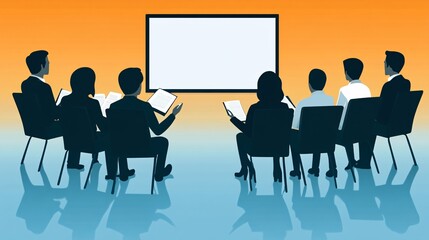 Poster - Professional giving a presentation to a focused team, all actively listening and taking notes with empty space for text