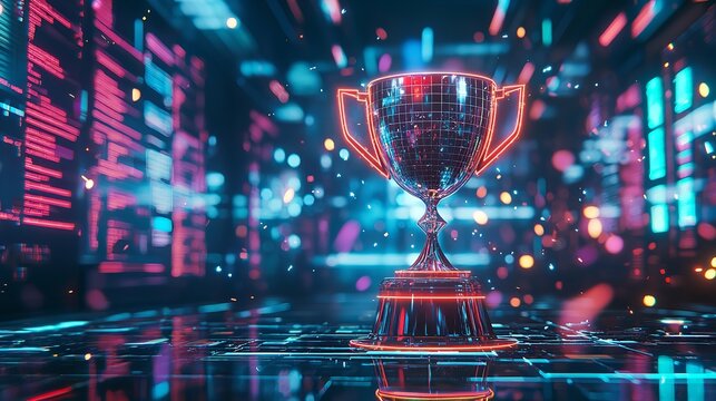 A symbolic trophy made of neon lights floating in a dark void