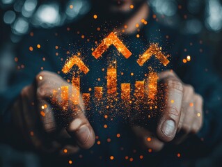 Poster - A person's hands cupped around a glowing, upward-pointing graph.