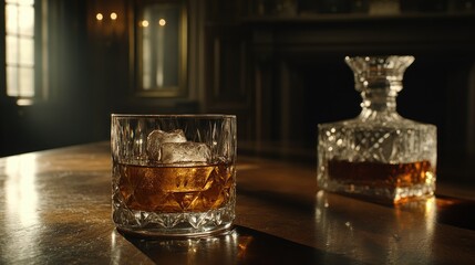 Close-up of a glass of whiskey with ice cubes, a crystal decanter nearby on a polished wooden table in dim lighting.