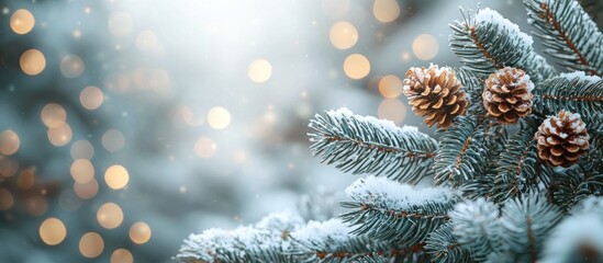 Poster - Snow-Covered Pine Branch with Pinecones and Bokeh Lights