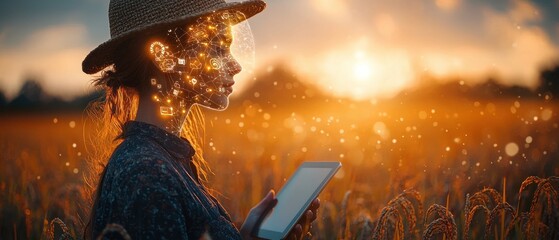 Poster - Woman in a Straw Hat with Digital Network Overlaying Her Face Uses a Tablet in a Field at Sunset