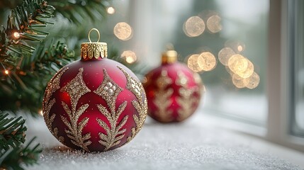 Poster - A Red Christmas Ornament with Gold Glitter and a Christmas Tree Branch