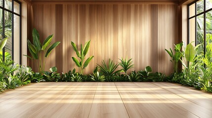 Poster - Soft light streaming into a minimalistic workspace with natural wood accents and lush green plants, creating a serene, balanced atmosphere with empty space for text