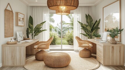Poster - Neutral-toned office with clean lines, white walls, and subtle decor pieces, fostering a calming and distraction-free environment with empty space for text