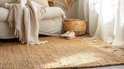 Aufkleber - Simple seating area with comfortable, neutral-toned furniture and natural fiber rugs, promoting relaxation and mental balance with empty space for text