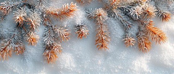 Poster - Frost-Covered Pine Branches Against a Snowy Background