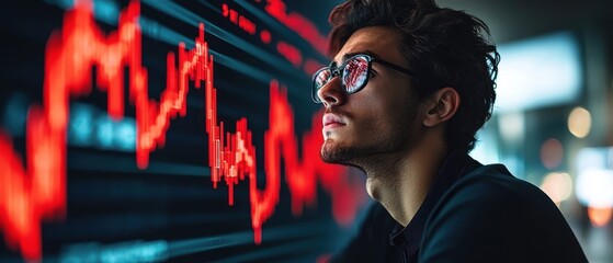 Poster - Man in Glasses Observing Red Stock Market Data
