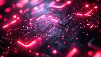 Aufkleber - A Closeup of a Circuit Board with Glowing Pink Lines and LEDs