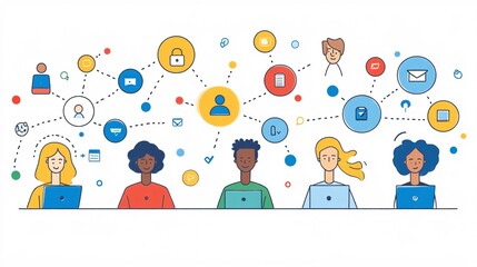 Poster - Diverse group of professionals using hybrid technology tools to collaborate seamlessly across locations with empty space for text
