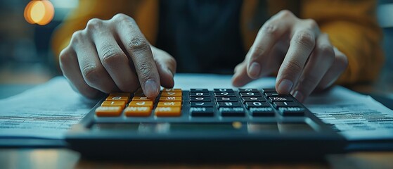 Aufkleber - Close-up of Hands Using a Calculator to Calculate Expenses