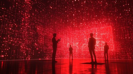 Poster - Professionals collaborating with holographic displays showing data insights and digital interfaces with copy space for text