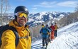 © Антон Федченко - Ski Instructor with a Group: A friendly, experienced ski instructor guiding a small group down a scenic trail on a sunny day, with picturesque